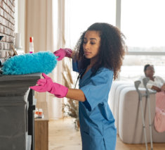 Lady cleaning the dust using dust feather